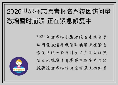 2026世界杯志愿者报名系统因访问量激增暂时崩溃 正在紧急修复中